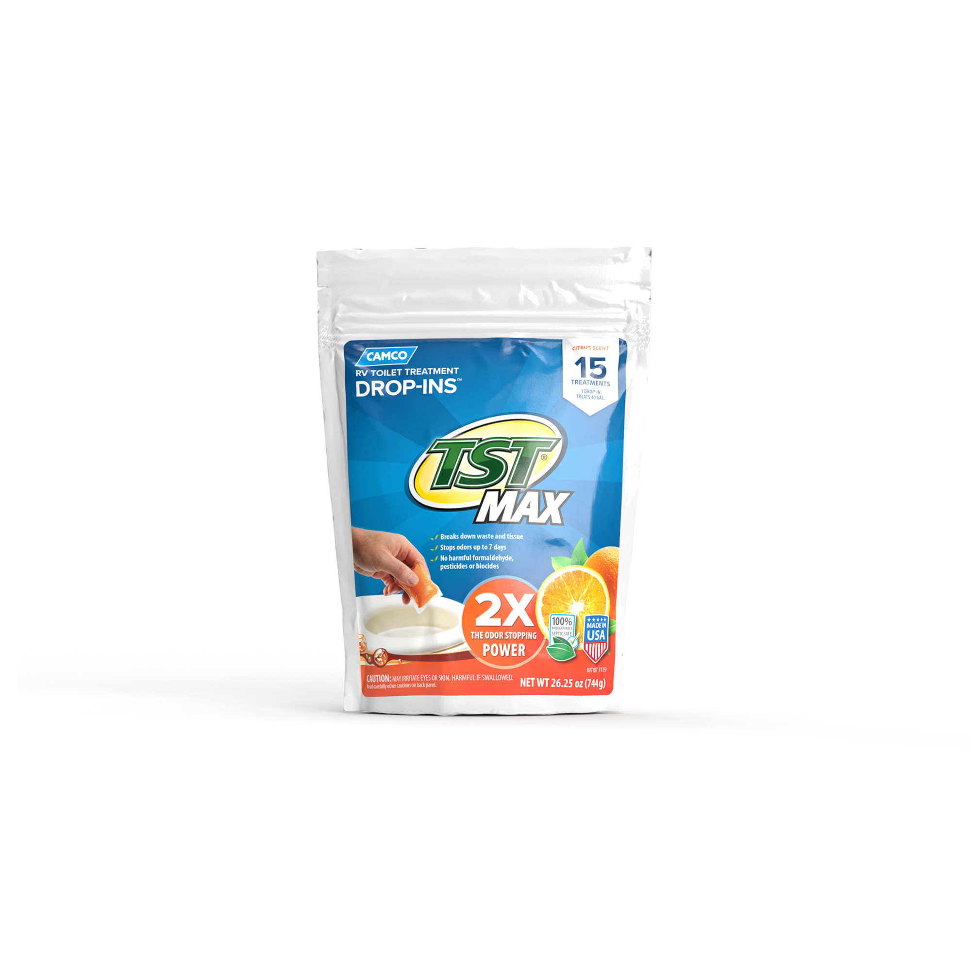 Camco TST MAX Marine/RV Toilet Treatment Drop-INs — Control Unwanted Odors & Break Down Waste and Tissue — Septic Tank Safe — Long-Lasting Citrus Scent — 15 per Bag